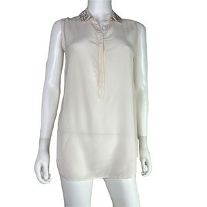 Rebecca Taylor Ivory Silk Blouse Top Silver Embellished Loose Fit Size 4